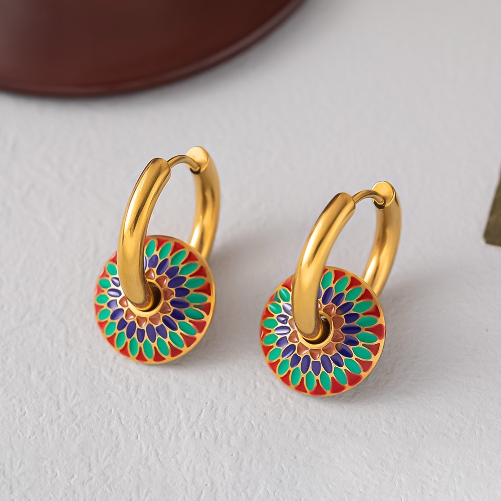 Gold Hoop Earrings with Multicolor Enamel Medallions